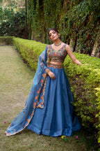 Lorenvalley Fashion Teal Chanda Silk Plain With Sequins and Thread Embroidery Work Belt Lehenga Choli with Dupatta | Grocsy