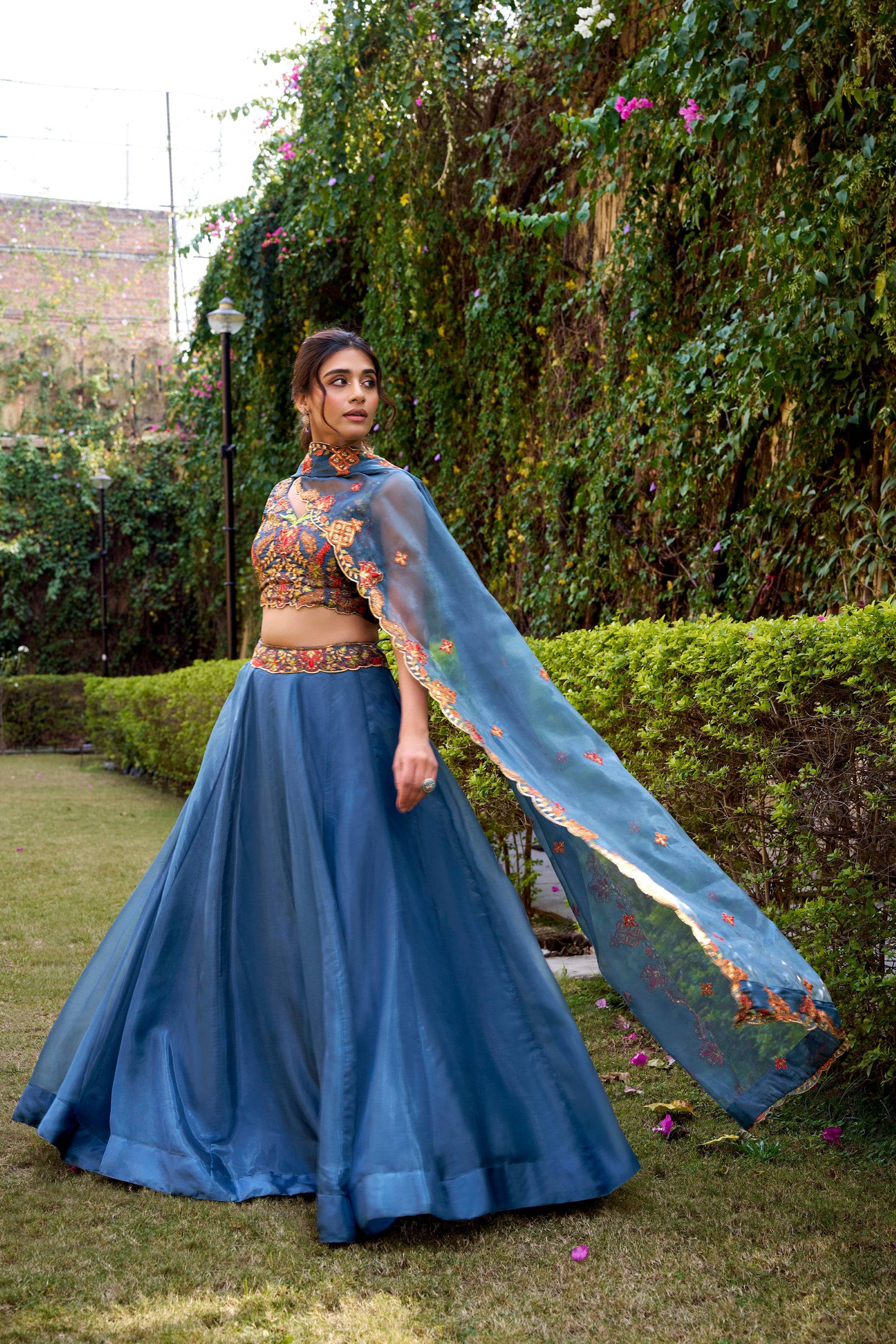 Lorenvalley Fashion Teal Chanda Silk Plain With Sequins and Thread Embroidery Work Belt Lehenga Choli with Dupatta | Grocsy