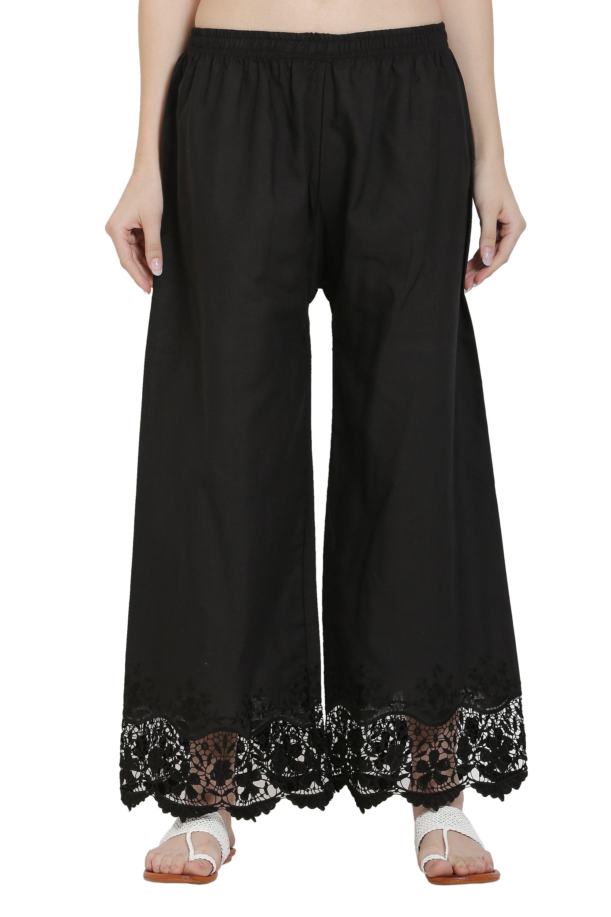 PAVONINE Black Color Chikankari Lace Scalloped Hem Cotton Fabric Sharara For Women | Grocsy