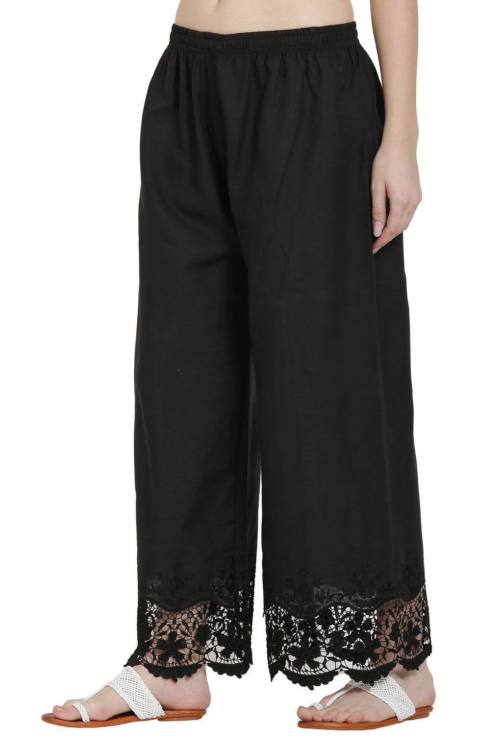 PAVONINE Black Color Chikankari Lace Scalloped Hem Cotton Fabric Sharara For Women | Grocsy