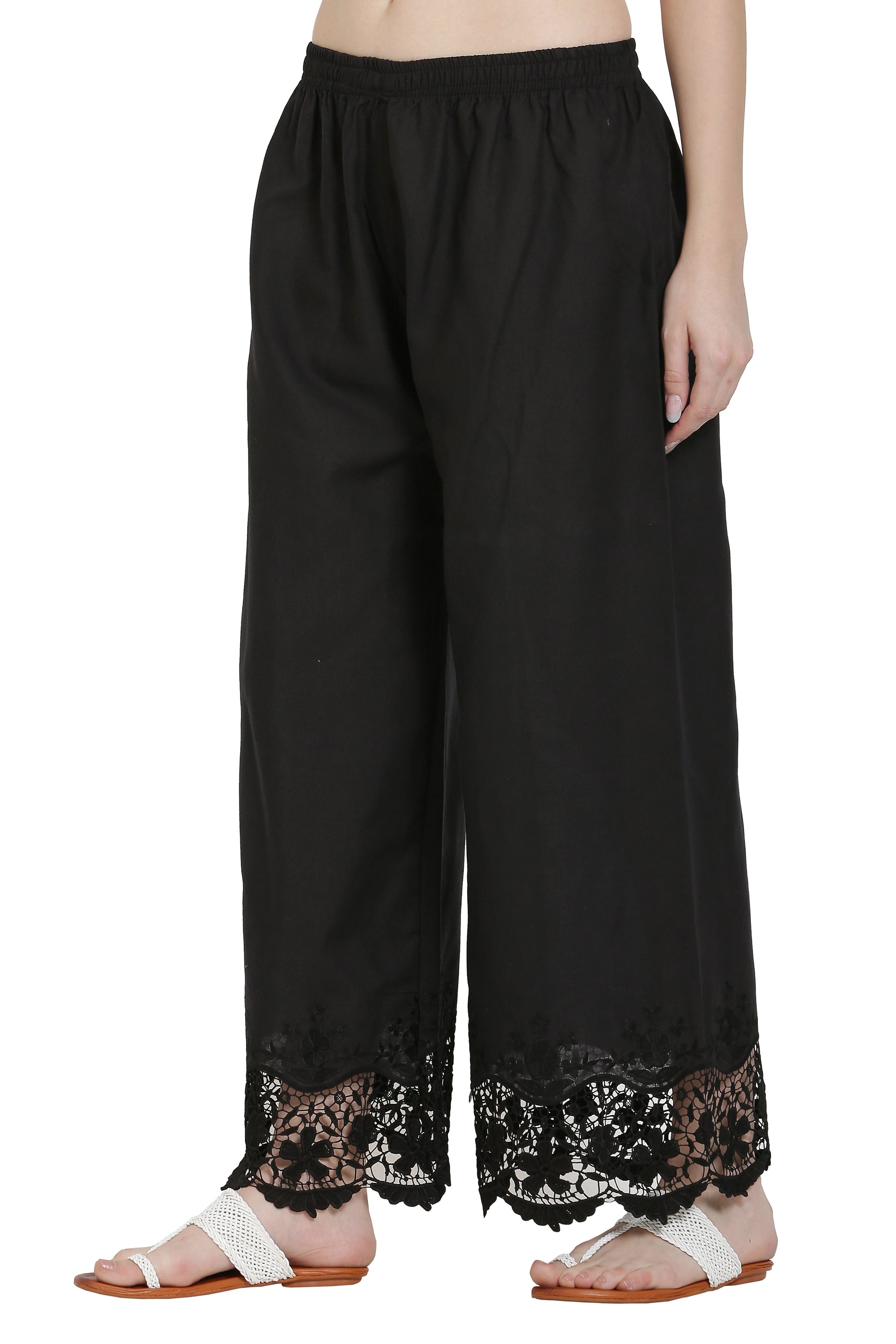 PAVONINE Black Color Chikankari Lace Scalloped Hem Cotton Fabric Sharara For Women | Grocsy