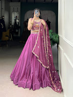 Lorenvalley Pink Silk Crepe Sequins and Thread Embroidery Work Belt Lehenga Choli with Dupatta | Grocsy