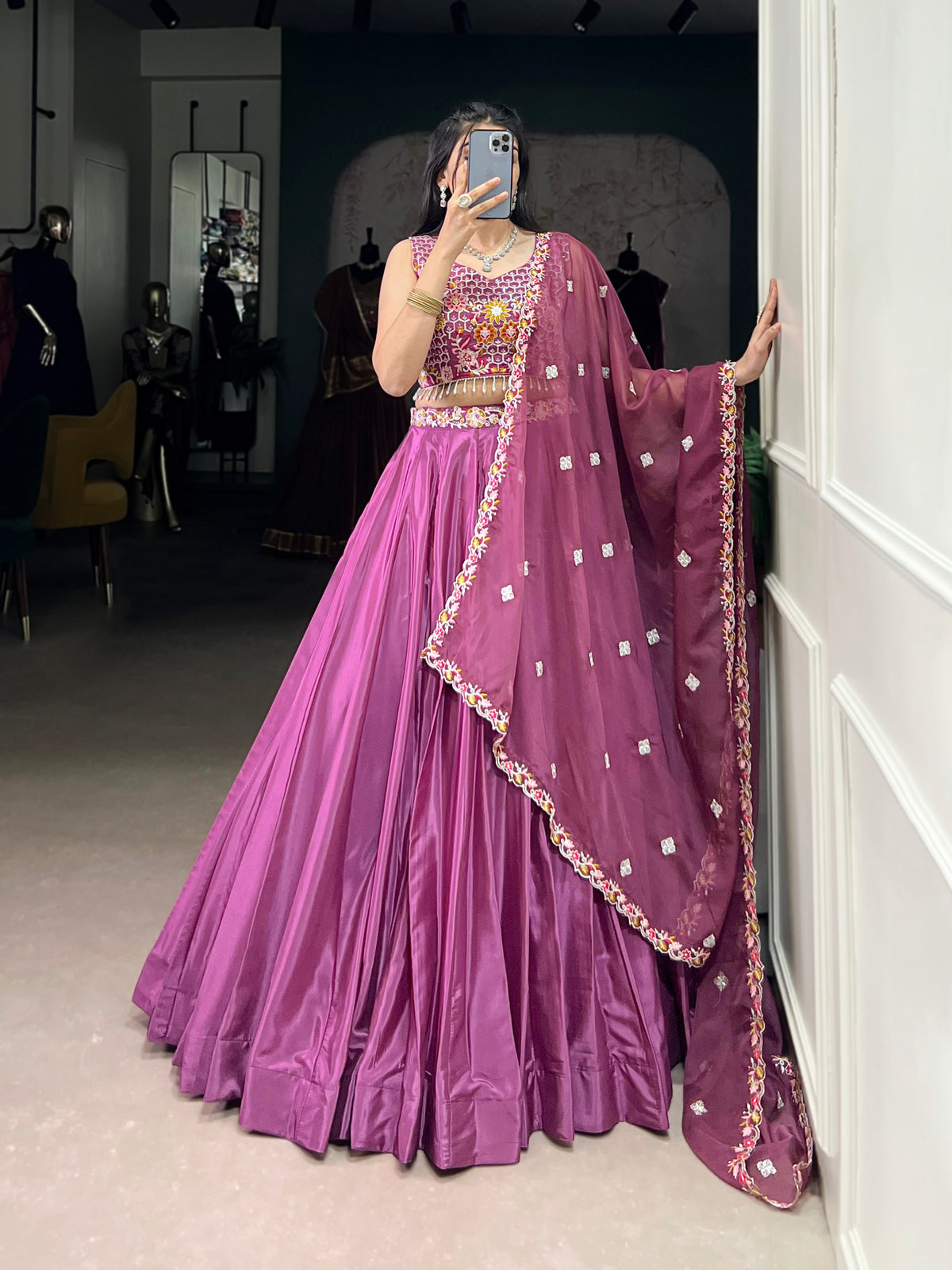 Lorenvalley Pink Silk Crepe Sequins and Thread Embroidery Work Belt Lehenga Choli with Dupatta | Grocsy