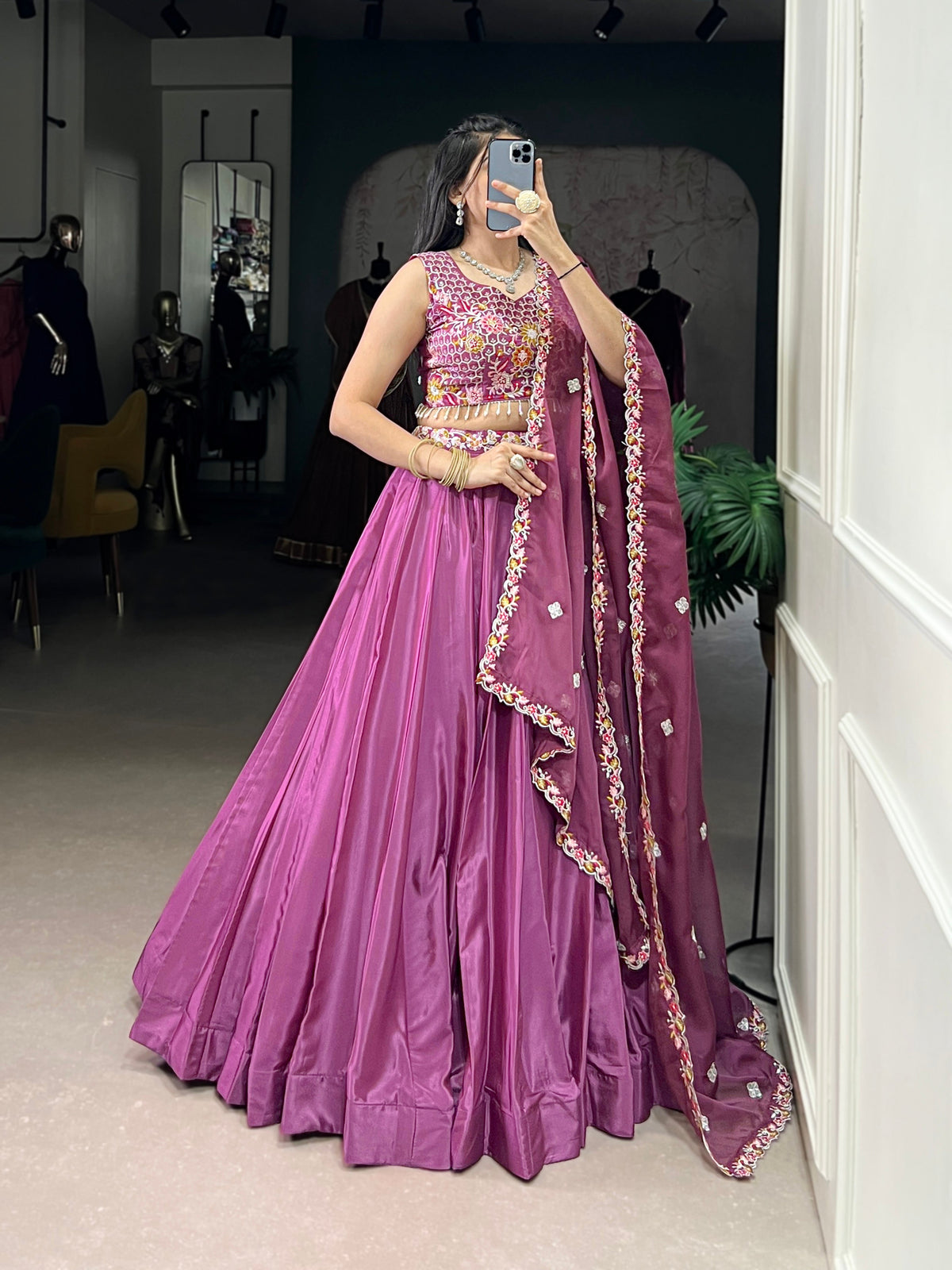 Lorenvalley Pink Silk Crepe Sequins and Thread Embroidery Work Belt Lehenga Choli with Dupatta | Grocsy
