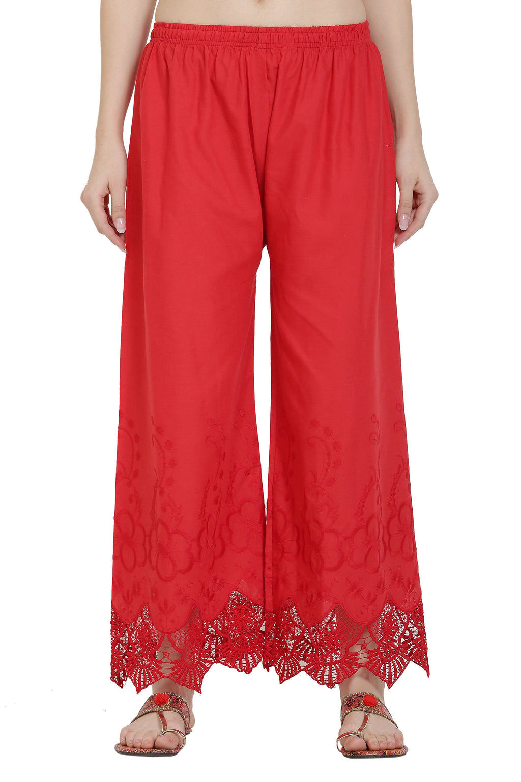 PAVONINE Red Color Chikankari Lace Scalloped Hem Cotton Fabric Sharara For Women | Grocsy