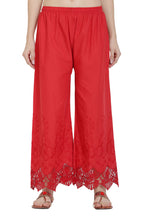 PAVONINE Red Color Chikankari Lace Scalloped Hem Cotton Fabric Sharara For Women | Grocsy