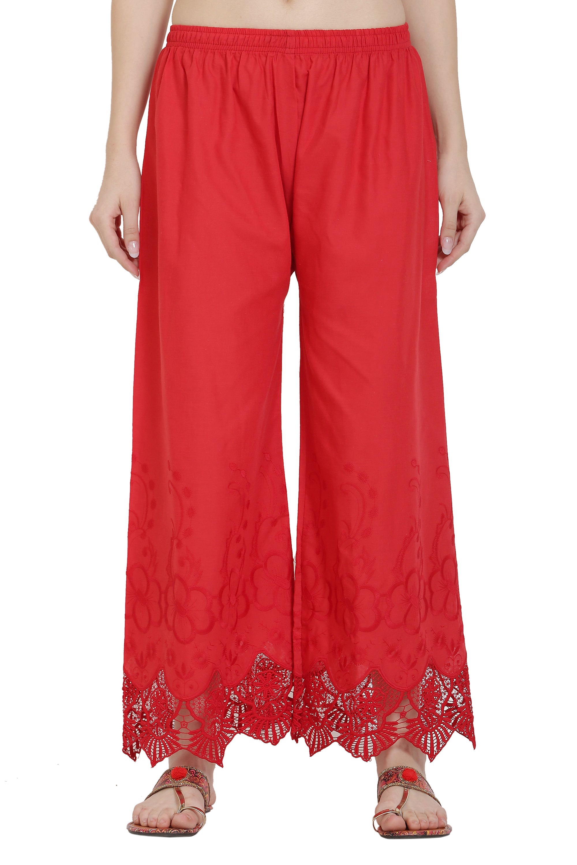 PAVONINE Red Color Chikankari Lace Scalloped Hem Cotton Fabric Sharara For Women | Grocsy