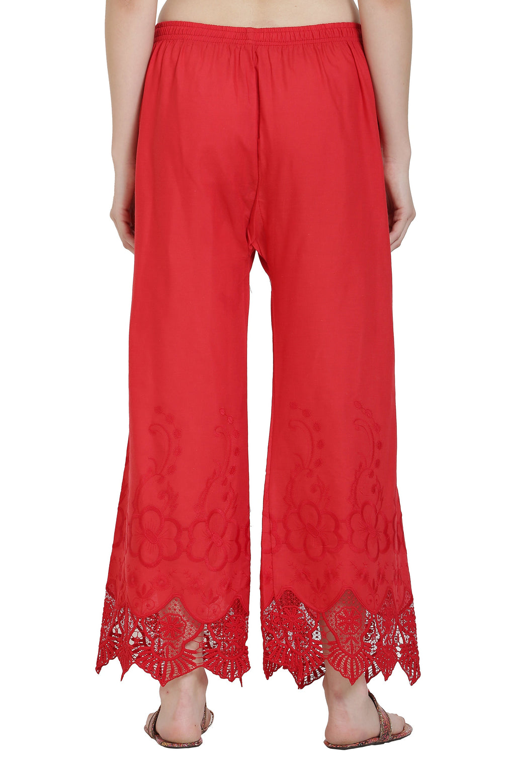 PAVONINE Red Color Chikankari Lace Scalloped Hem Cotton Fabric Sharara For Women | Grocsy