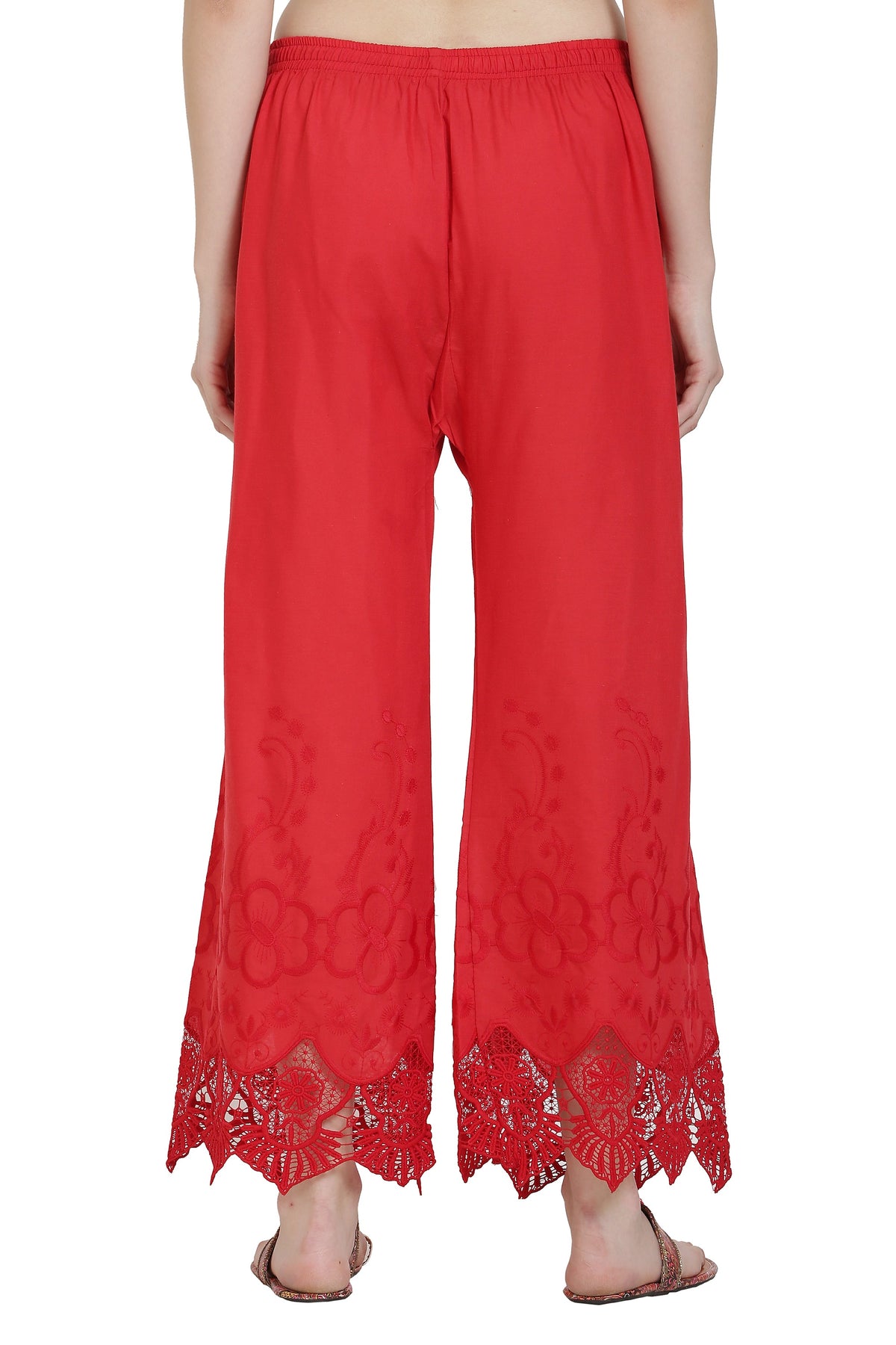 PAVONINE Red Color Chikankari Lace Scalloped Hem Cotton Fabric Sharara For Women | Grocsy