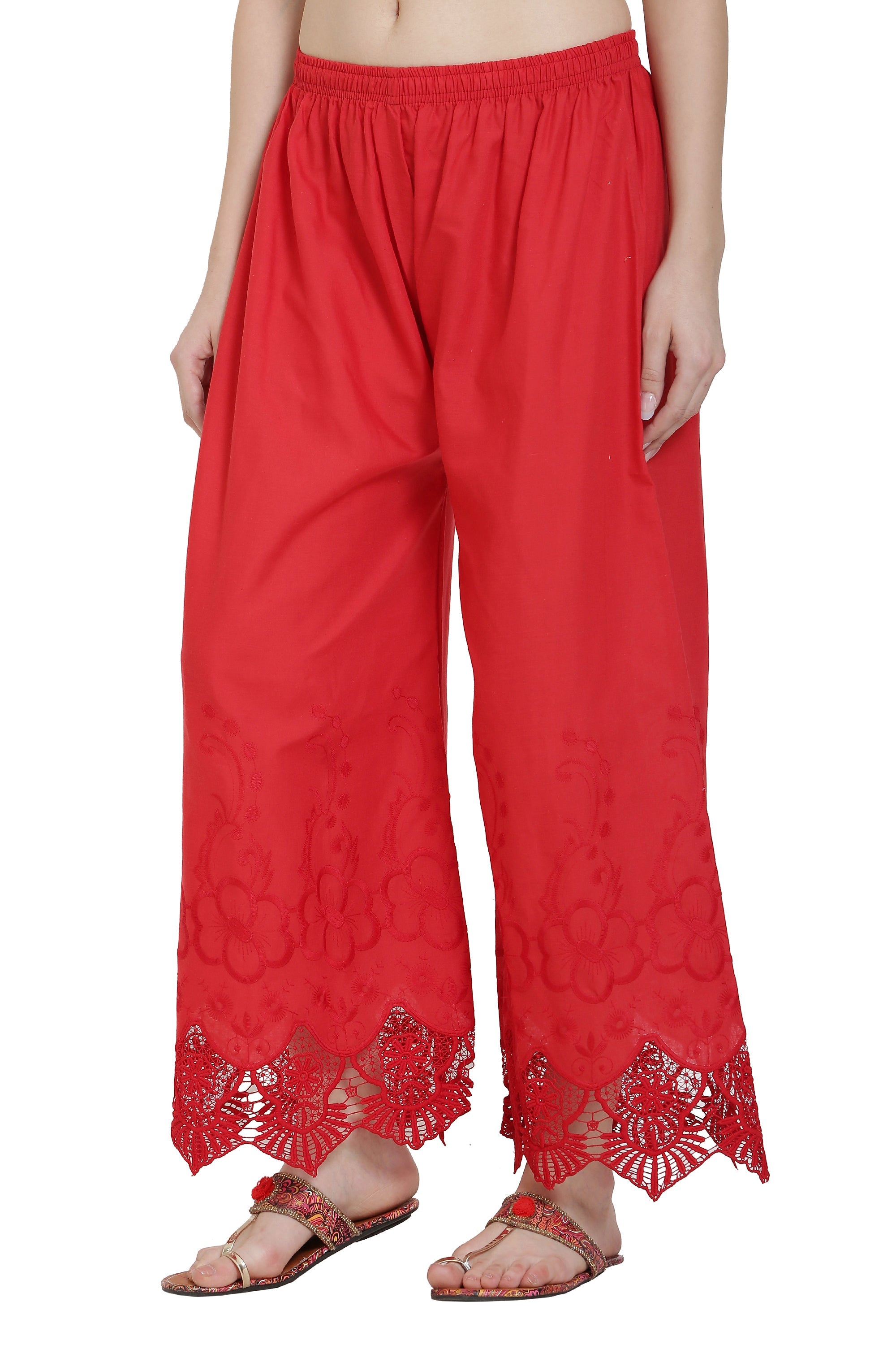 PAVONINE Red Color Chikankari Lace Scalloped Hem Cotton Fabric Sharara For Women | Grocsy