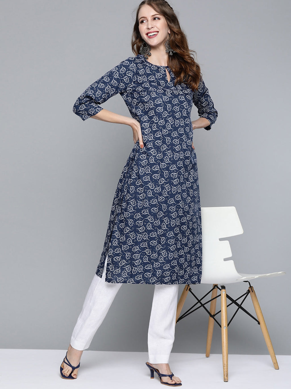 HERE&NOW Women Navy Blue & White Ethnic Motifs Printed Keyhole Neck Kurta | Grocsy