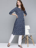 HERE&NOW Women Navy Blue & White Ethnic Motifs Printed Keyhole Neck Kurta | Grocsy