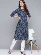 HERE&NOW Women Navy Blue & White Ethnic Motifs Printed Keyhole Neck Kurta | Grocsy
