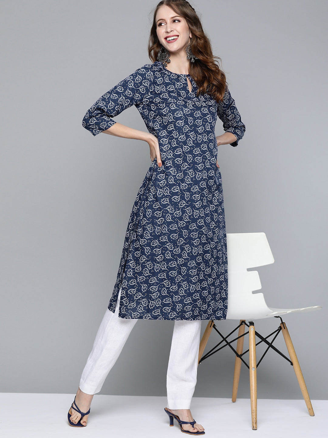 HERE&NOW Women Navy Blue & White Ethnic Motifs Printed Keyhole Neck Kurta | Grocsy