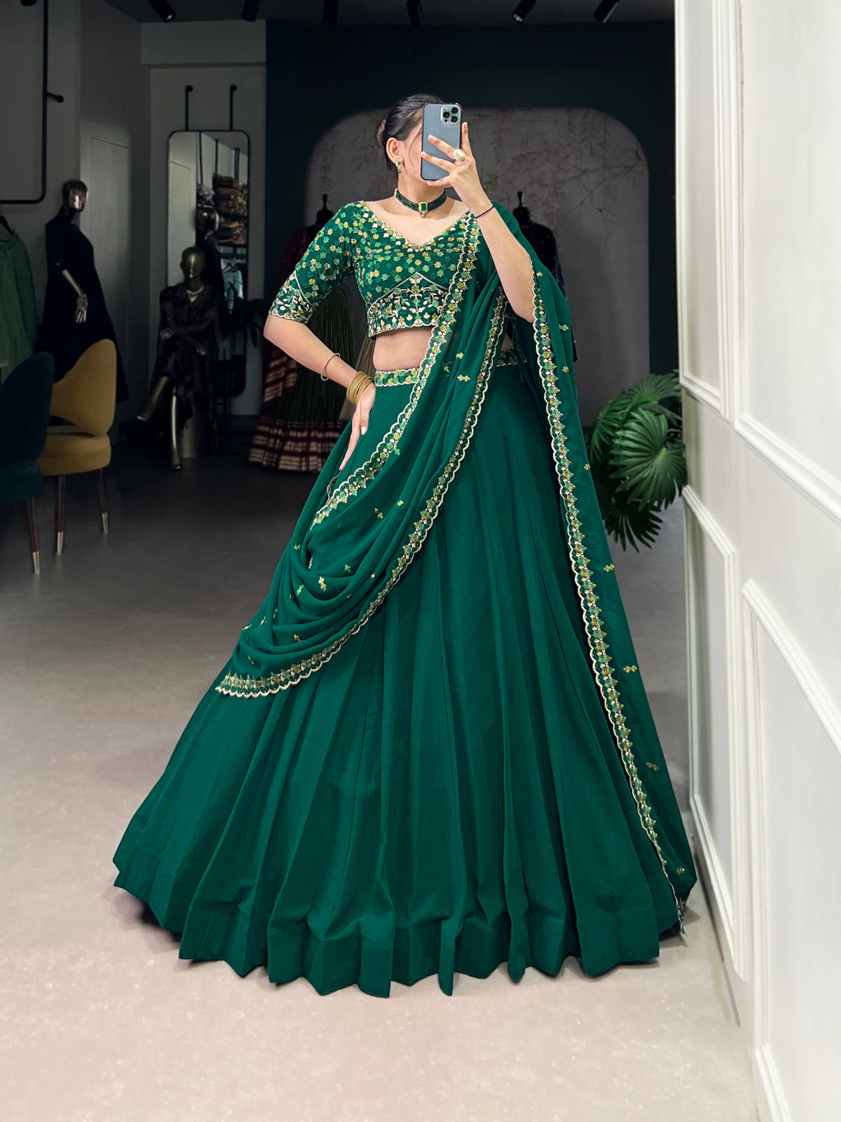 Lorenvalley Fashion Green Georgette Thread Embroidery Work Belt Lehenga Choli with Dupatta | Grocsy