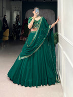 Lorenvalley Fashion Green Georgette Thread Embroidery Work Belt Lehenga Choli with Dupatta | Grocsy