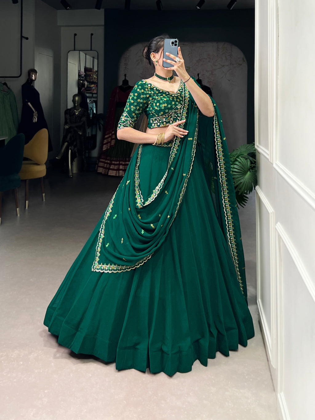 Lorenvalley Fashion Green Georgette Thread Embroidery Work Belt Lehenga Choli with Dupatta | Grocsy