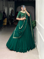 Lorenvalley Fashion Green Georgette Thread Embroidery Work Belt Lehenga Choli with Dupatta | Grocsy