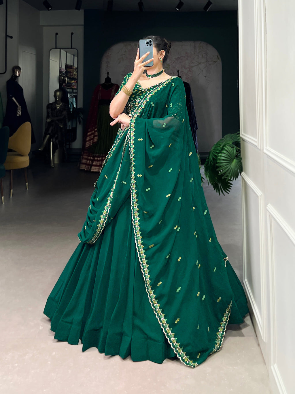 Lorenvalley Fashion Green Georgette Thread Embroidery Work Belt Lehenga Choli with Dupatta | Grocsy
