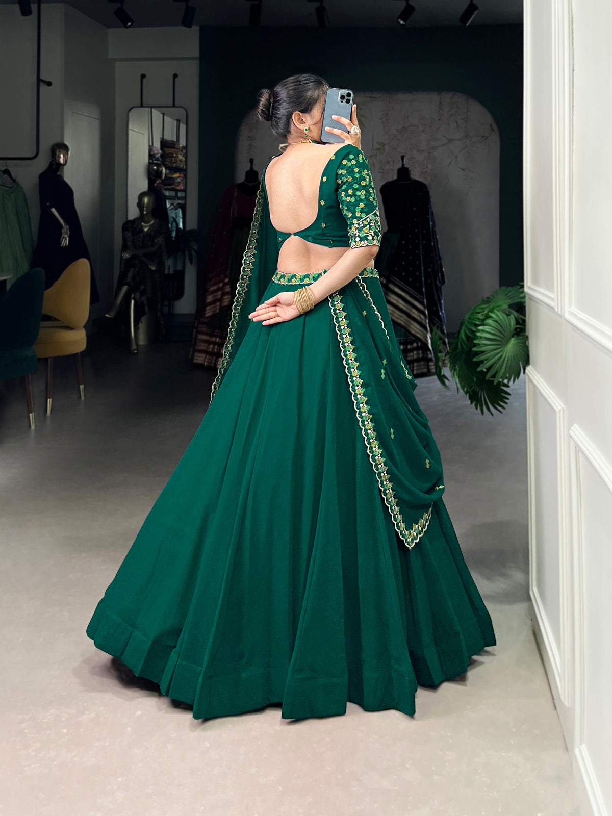 Lorenvalley Fashion Green Georgette Thread Embroidery Work Belt Lehenga Choli with Dupatta | Grocsy
