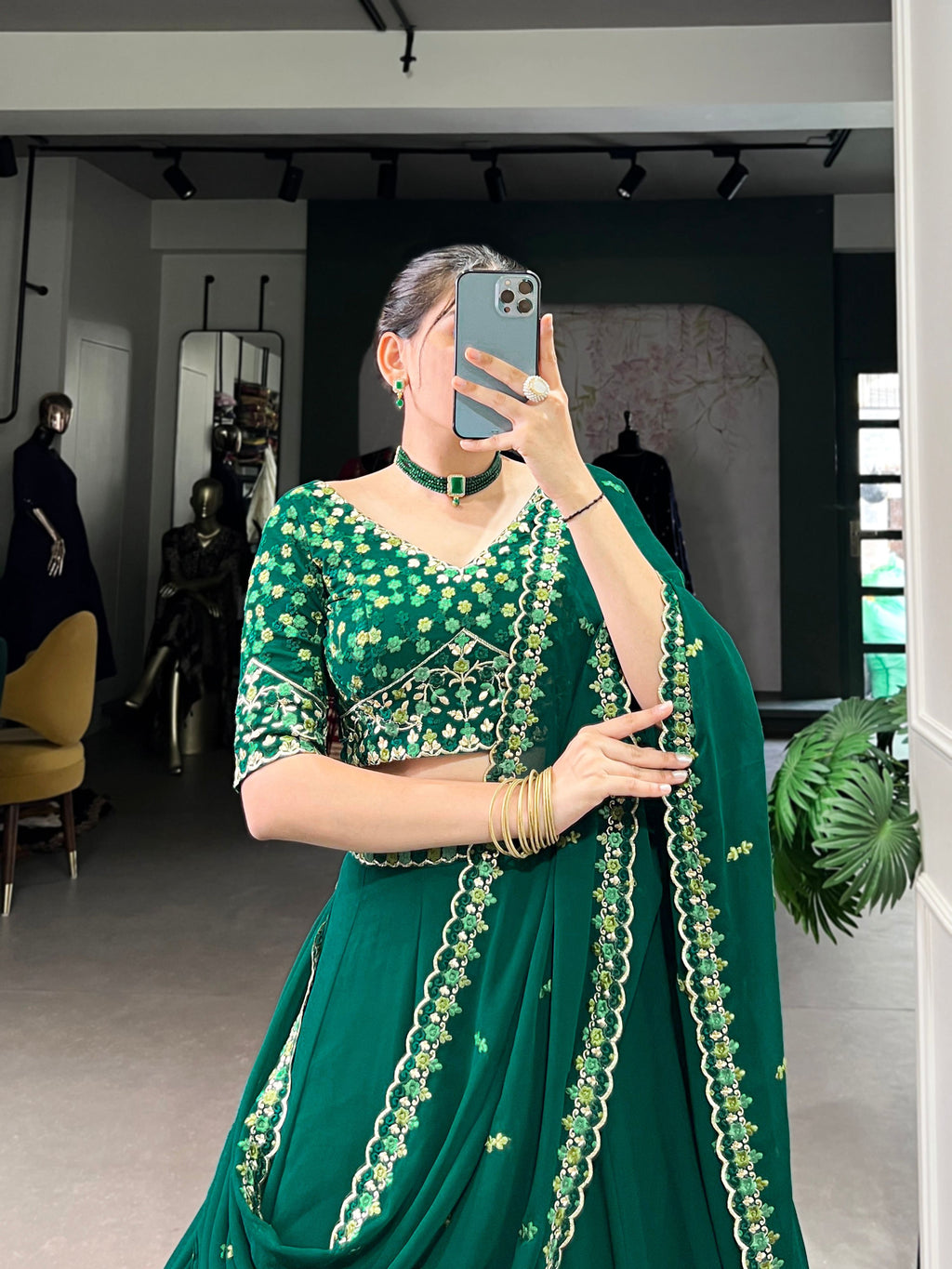 Lorenvalley Fashion Green Georgette Thread Embroidery Work Belt Lehenga Choli with Dupatta | Grocsy
