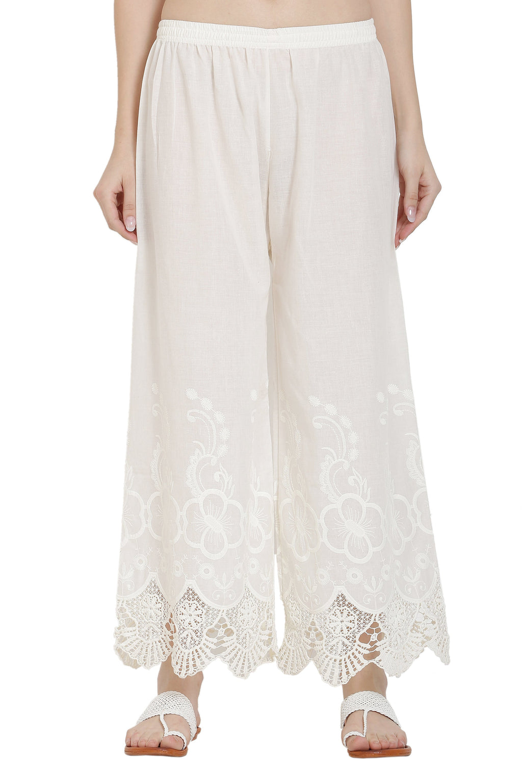 PAVONINE White Color Chikankari Lace Scalloped Hem Cotton Fabric Sharara For Women | Grocsy
