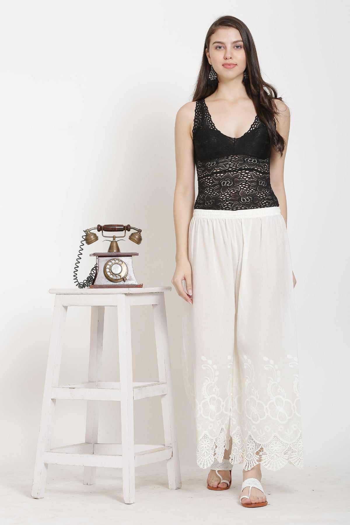 PAVONINE White Color Chikankari Lace Scalloped Hem Cotton Fabric Sharara For Women | Grocsy