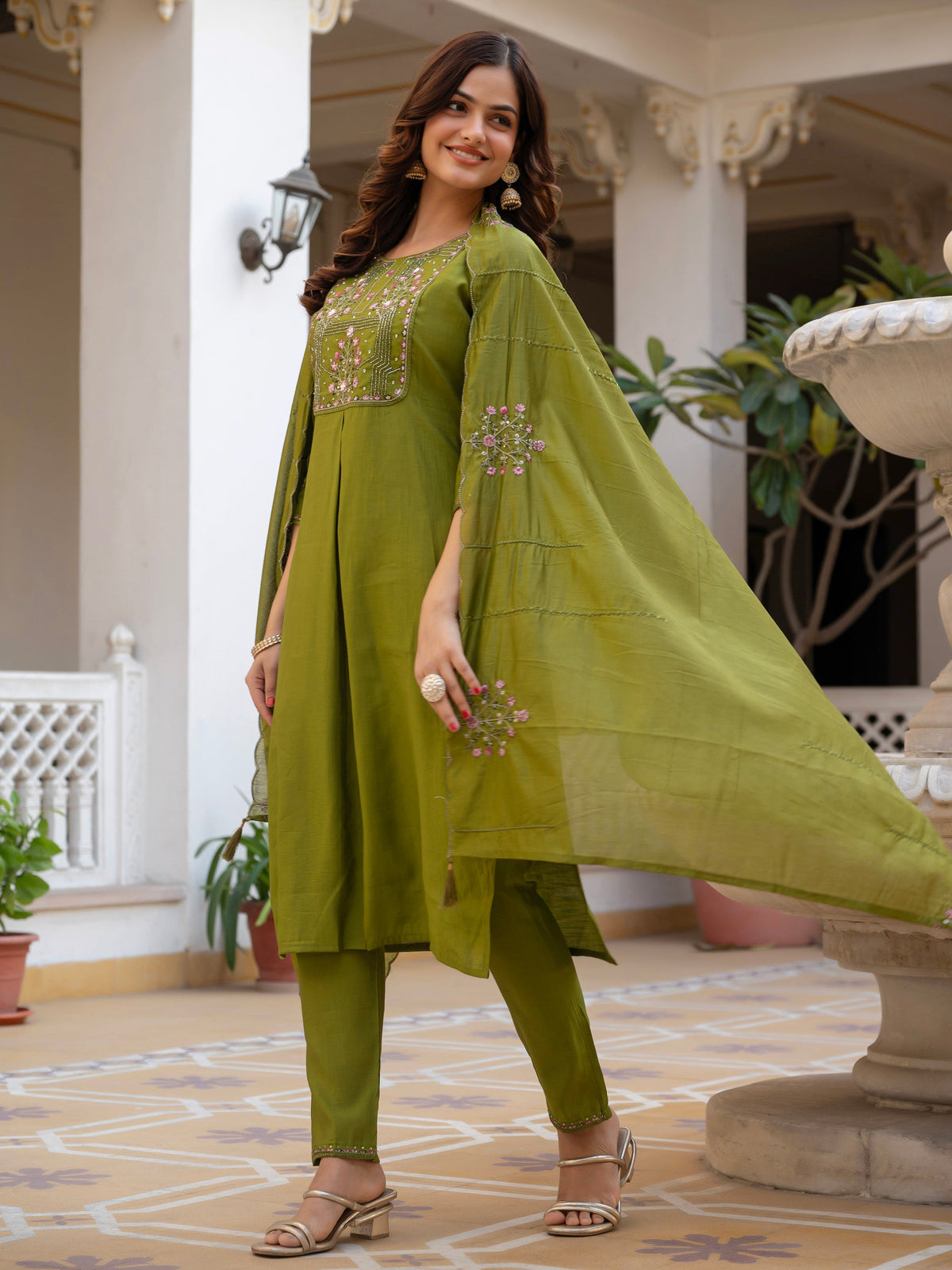 Lorenvalley Fashion Mehendi Viscose Mango Silk Multi Embroidery Sequins With Hand Work Kurta Pant Dupatta | Grocsy