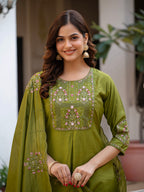 Lorenvalley Fashion Mehendi Viscose Mango Silk Multi Embroidery Sequins With Hand Work Kurta Pant Dupatta | Grocsy