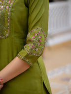 Lorenvalley Fashion Mehendi Viscose Mango Silk Multi Embroidery Sequins With Hand Work Kurta Pant Dupatta | Grocsy