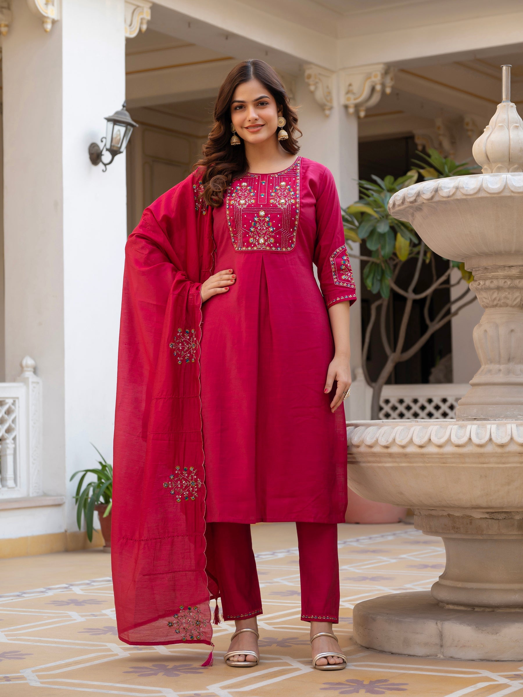 Lorenvalley Fashion Ranipink Viscose Mango Silk Multi Embroidery Sequins With Hand Work Kurta Pant Dupatta | Grocsy