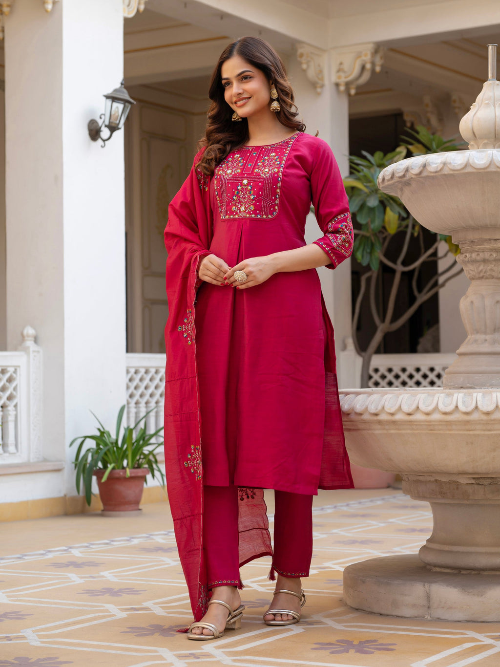 Lorenvalley Fashion Ranipink Viscose Mango Silk Multi Embroidery Sequins With Hand Work Kurta Pant Dupatta | Grocsy