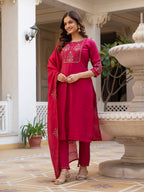 Lorenvalley Fashion Ranipink Viscose Mango Silk Multi Embroidery Sequins With Hand Work Kurta Pant Dupatta | Grocsy