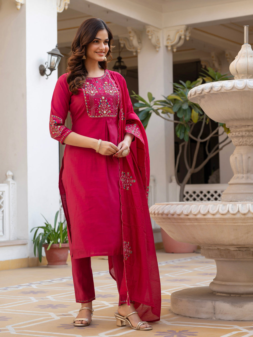 Lorenvalley Fashion Ranipink Viscose Mango Silk Multi Embroidery Sequins With Hand Work Kurta Pant Dupatta | Grocsy