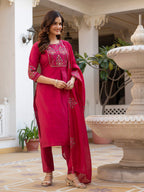 Lorenvalley Fashion Ranipink Viscose Mango Silk Multi Embroidery Sequins With Hand Work Kurta Pant Dupatta | Grocsy