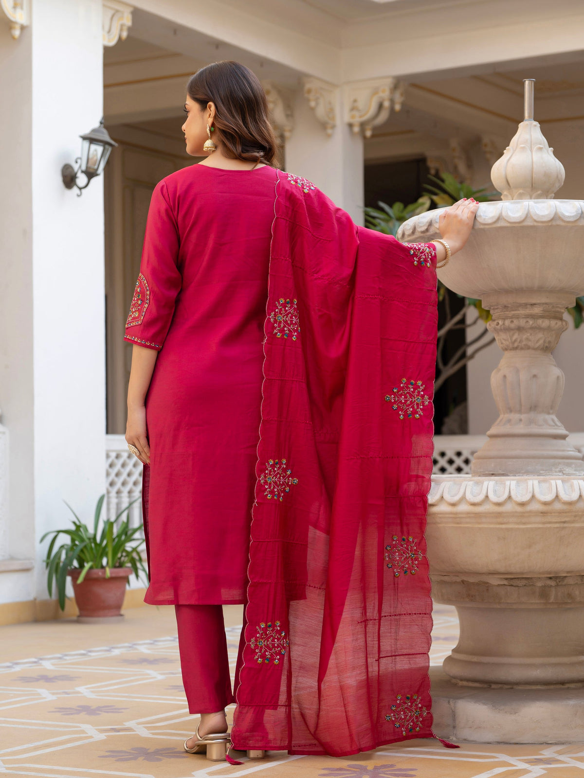 Lorenvalley Fashion Ranipink Viscose Mango Silk Multi Embroidery Sequins With Hand Work Kurta Pant Dupatta | Grocsy