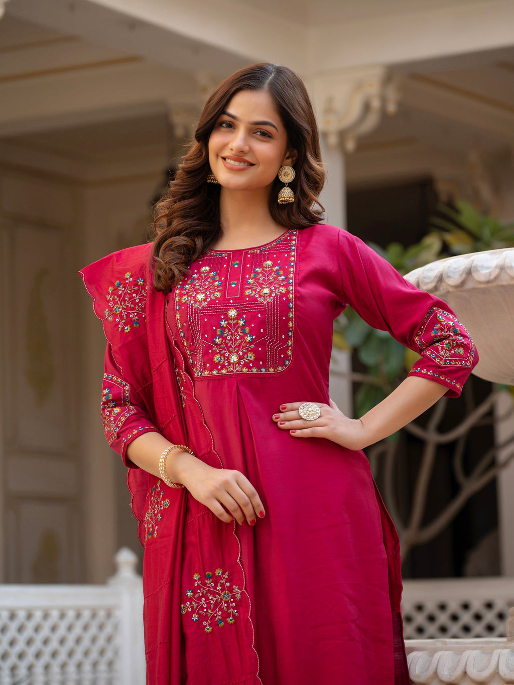 Lorenvalley Fashion Ranipink Viscose Mango Silk Multi Embroidery Sequins With Hand Work Kurta Pant Dupatta | Grocsy