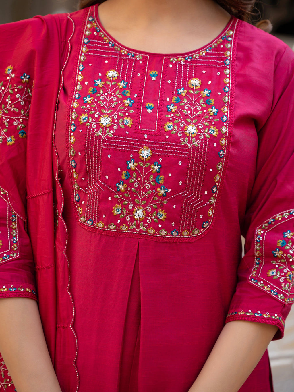 Lorenvalley Fashion Ranipink Viscose Mango Silk Multi Embroidery Sequins With Hand Work Kurta Pant Dupatta | Grocsy
