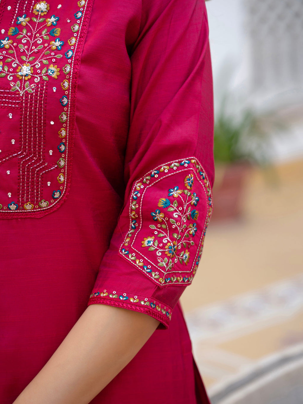 Lorenvalley Fashion Ranipink Viscose Mango Silk Multi Embroidery Sequins With Hand Work Kurta Pant Dupatta | Grocsy