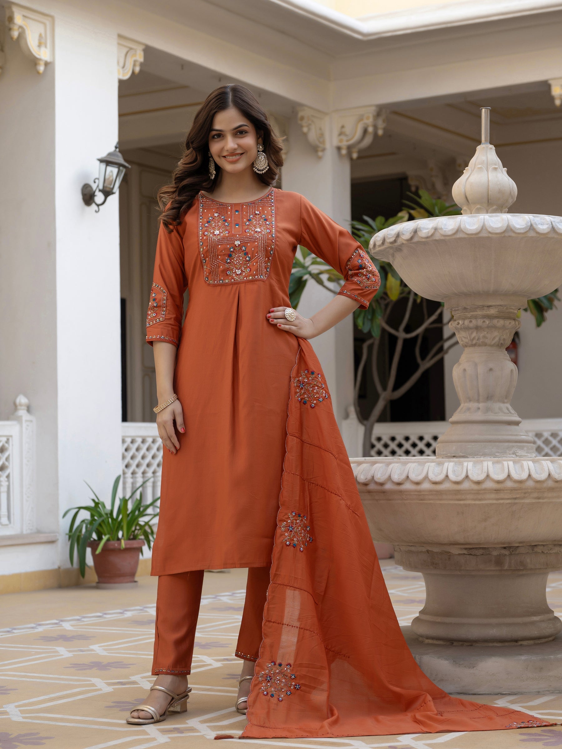 Lorenvalley Fashion Rust Viscose Mango Silk Multi Embroidery Sequins With Hand Work Kurta Pant Dupatta | Grocsy