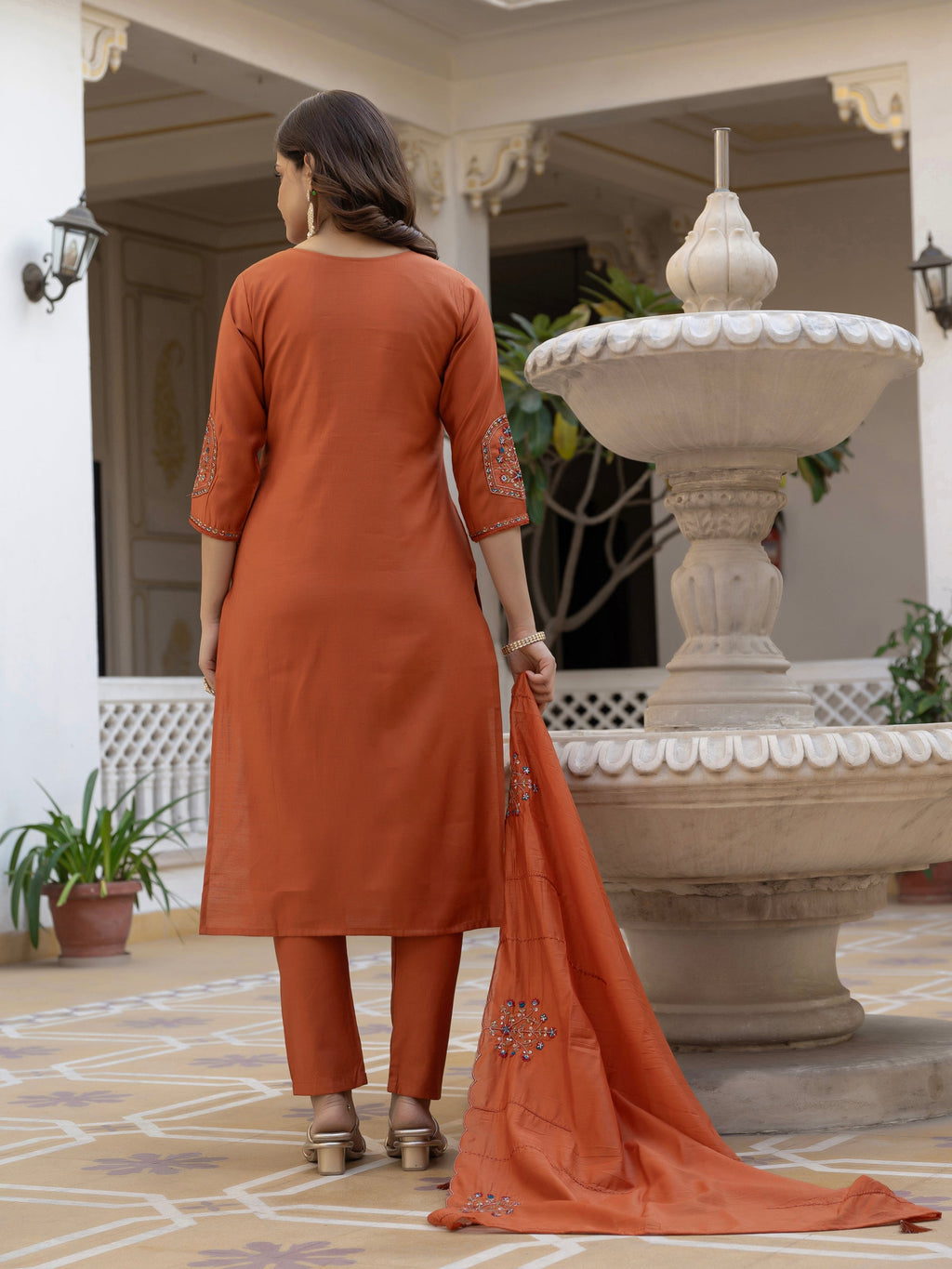 Lorenvalley Fashion Rust Viscose Mango Silk Multi Embroidery Sequins With Hand Work Kurta Pant Dupatta | Grocsy