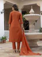 Lorenvalley Fashion Rust Viscose Mango Silk Multi Embroidery Sequins With Hand Work Kurta Pant Dupatta | Grocsy