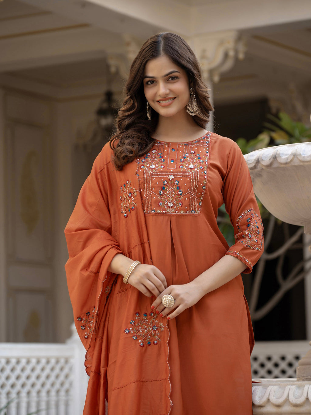 Lorenvalley Fashion Rust Viscose Mango Silk Multi Embroidery Sequins With Hand Work Kurta Pant Dupatta | Grocsy