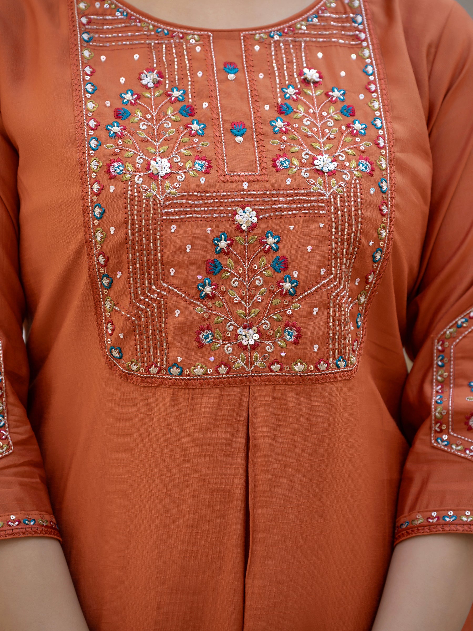 Lorenvalley Fashion Rust Viscose Mango Silk Multi Embroidery Sequins With Hand Work Kurta Pant Dupatta | Grocsy