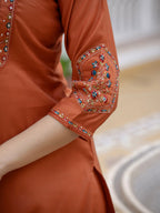 Lorenvalley Fashion Rust Viscose Mango Silk Multi Embroidery Sequins With Hand Work Kurta Pant Dupatta | Grocsy