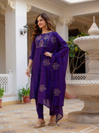 Lorenvalley Fashion Violet Viscose Mango Silk Multi Embroidery Sequins With Hand Work Kurta Pant Dupatta | Grocsy