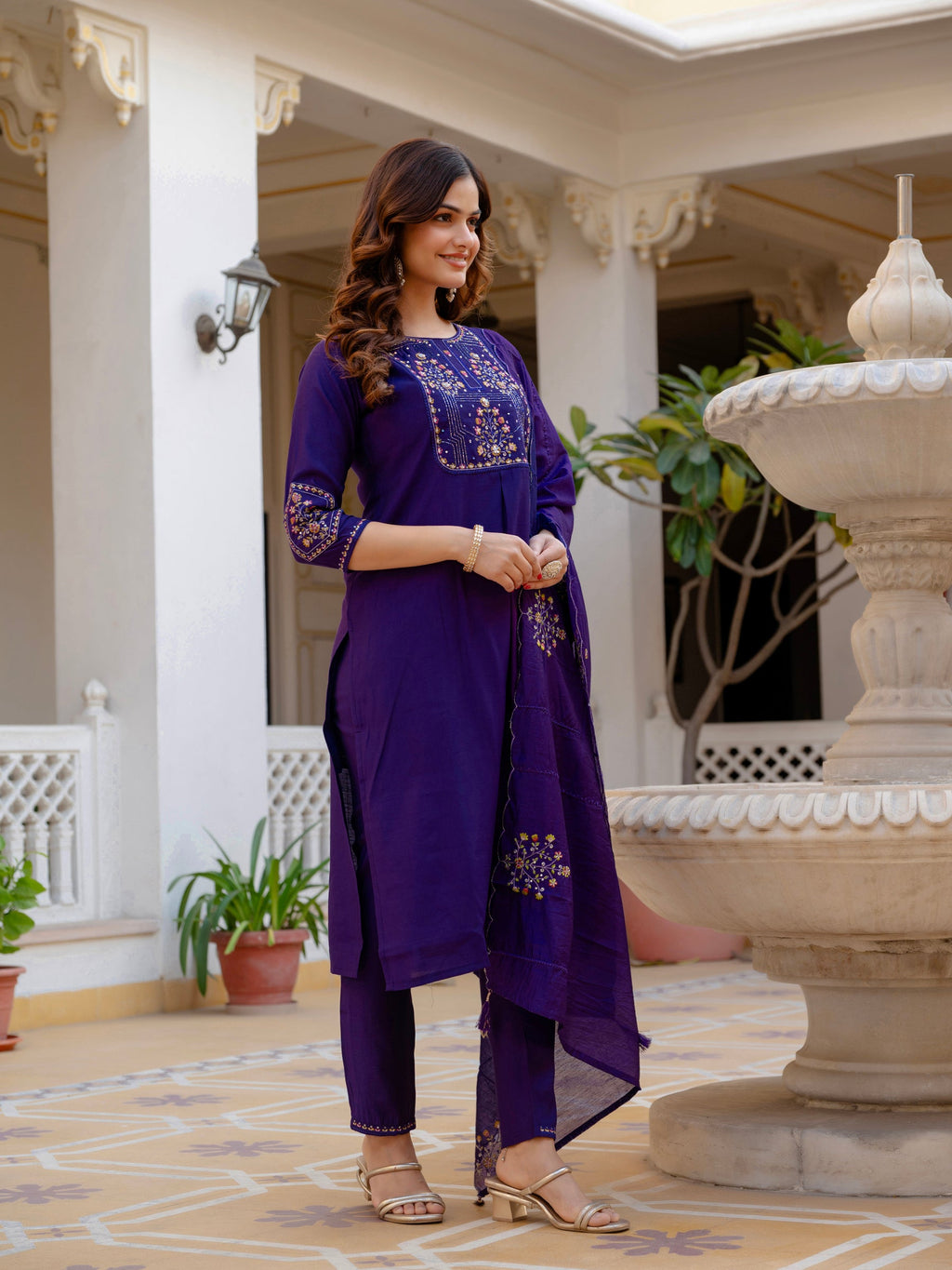 Lorenvalley Fashion Violet Viscose Mango Silk Multi Embroidery Sequins With Hand Work Kurta Pant Dupatta | Grocsy