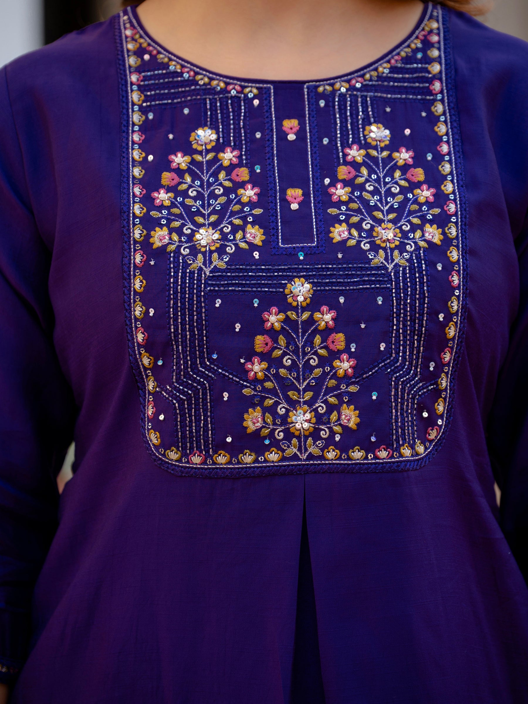Lorenvalley Fashion Violet Viscose Mango Silk Multi Embroidery Sequins With Hand Work Kurta Pant Dupatta | Grocsy