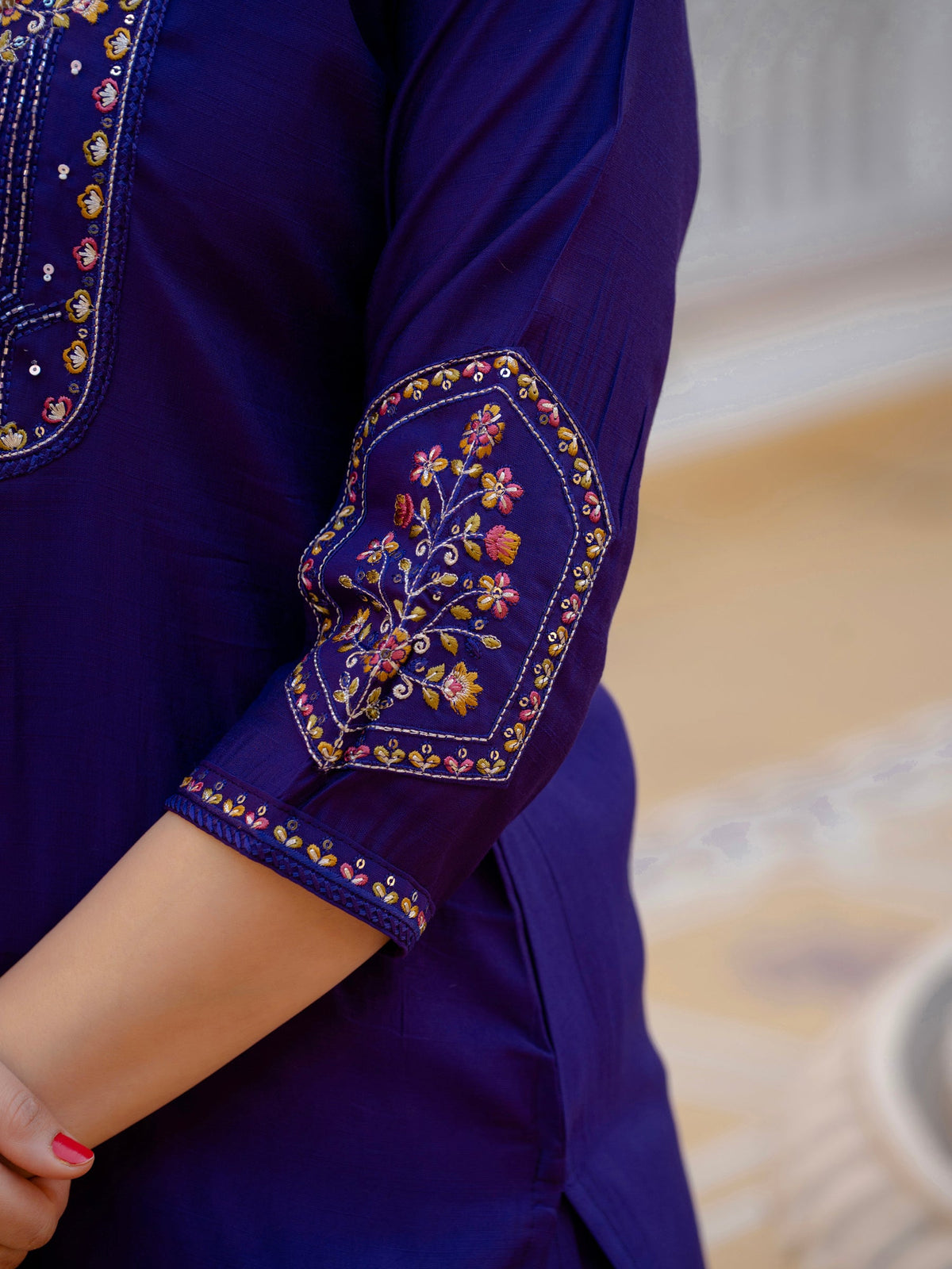 Lorenvalley Fashion Violet Viscose Mango Silk Multi Embroidery Sequins With Hand Work Kurta Pant Dupatta | Grocsy