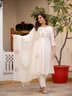 Lorenvalley Fashion White Viscose Mango Silk Multi Embroidery Sequins With Hand Work Kurta Pant Dupatta | Grocsy